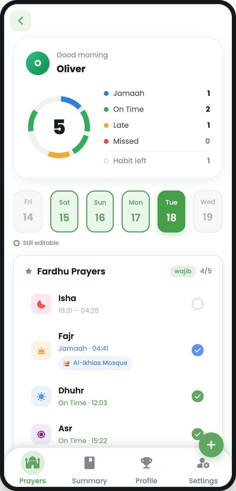 Mutabaah Go prayer tracker screen