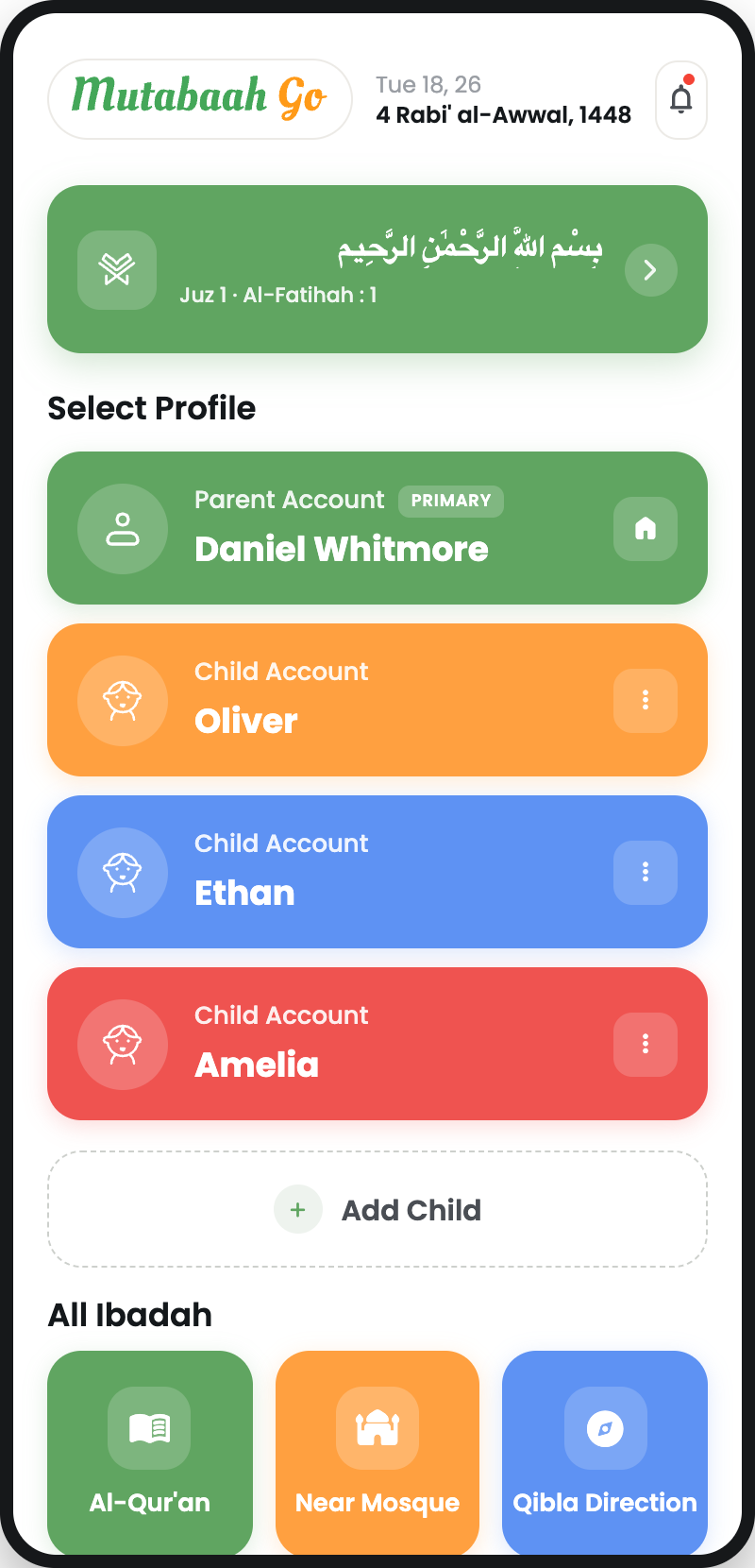 Mutabaah Go child profiles screen